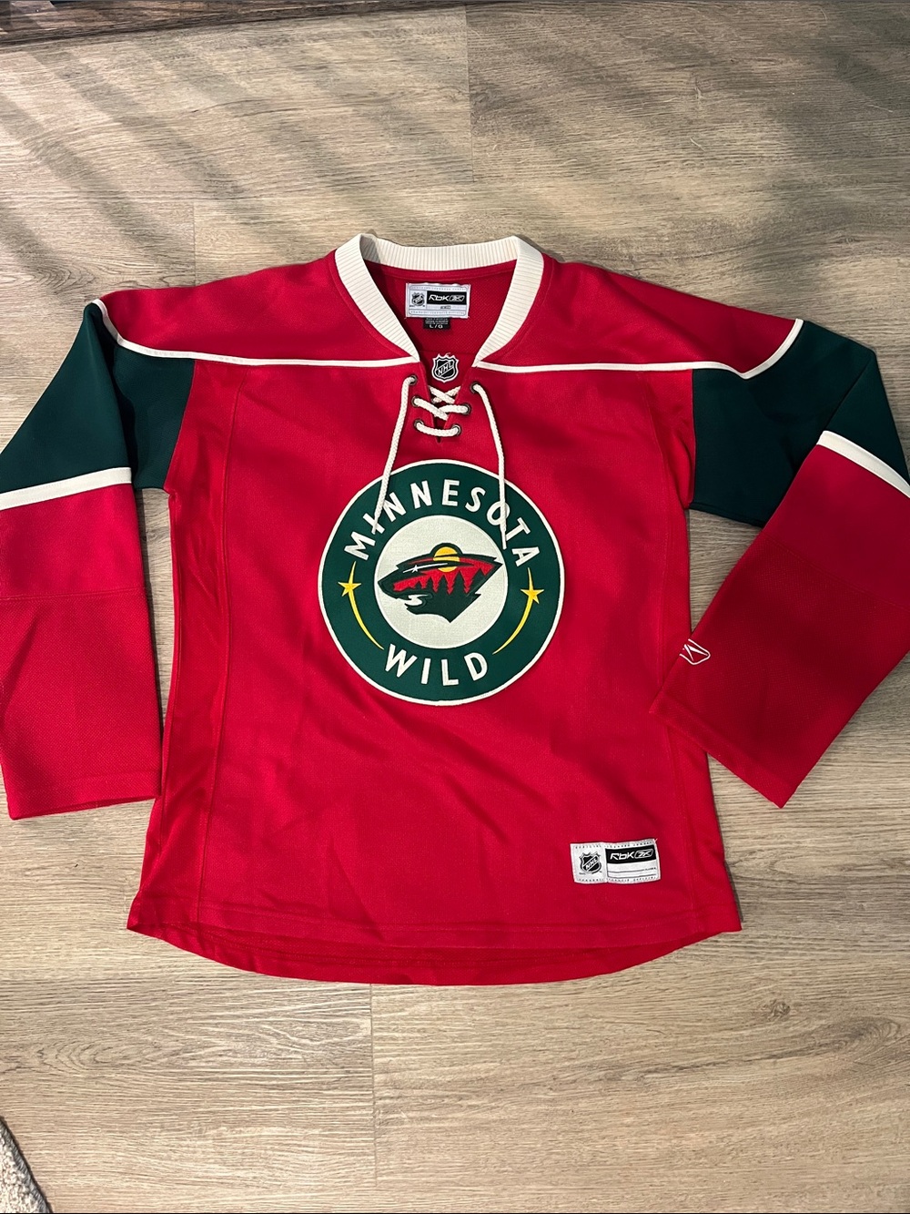 Reebok Women’s Red Minnesota Wild Hockey Jersey with Green Accents